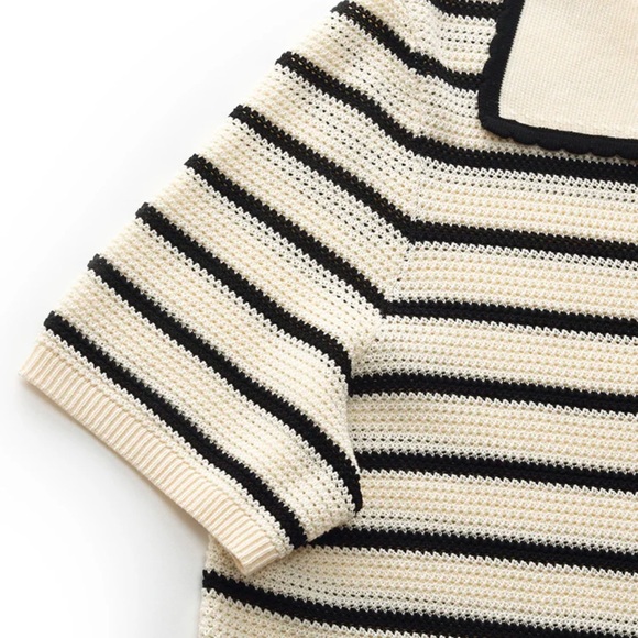 Tencel Beige And Black Stripe Women Knit Top - Picture 2 of 9